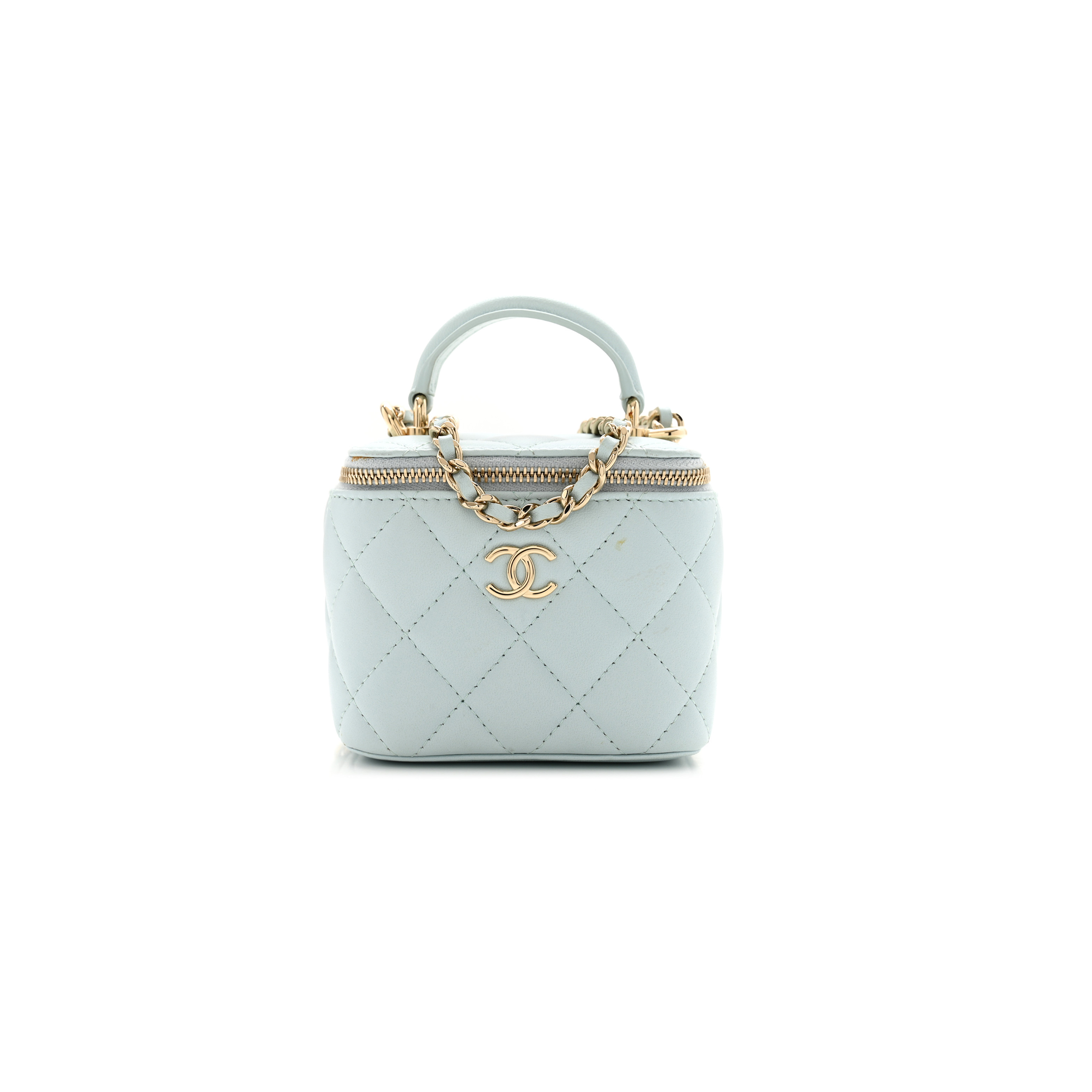 Ch*el lambskin quilted top handle mini vanity case with chain light blue 1671368 (10*9*7cm)